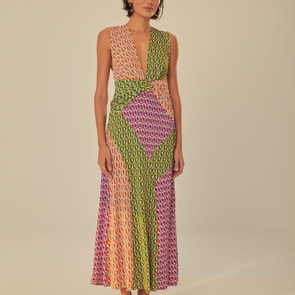 FARM Rio Multicolor Geometric V-Neck Maxi Dress — Cashew Mix Knot NWTs